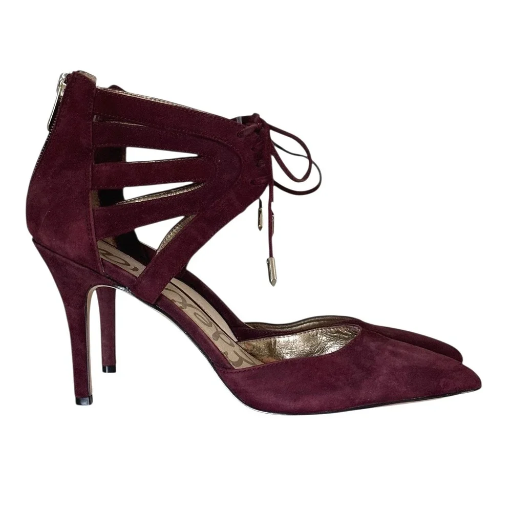 Sam Edelman Burgundy Suede Lace Up Caged Pointed Toe Pumps Heels US 9M EUR 40